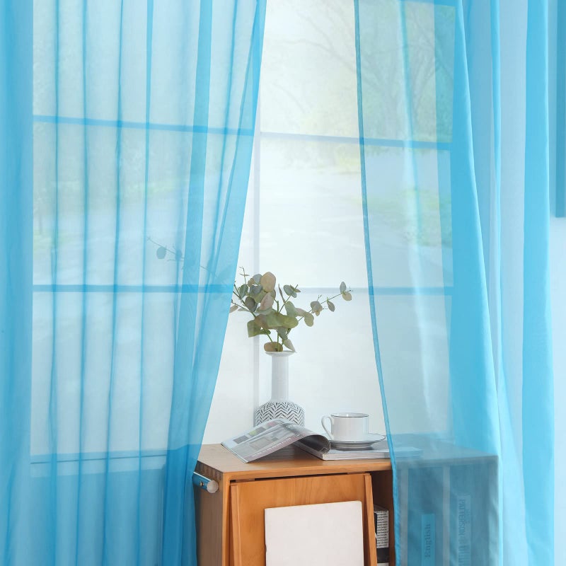 youleyar Solid Sheer Rod Pocket Curtain Voile Draperies 2 Panels White Beige Black Grey Coffee 52 Inch Width 72 Inch Long 1 Pair for Kitchen Bedroom Children Living Room Yard (Cyan Blue,52Wx72L) - Image 4